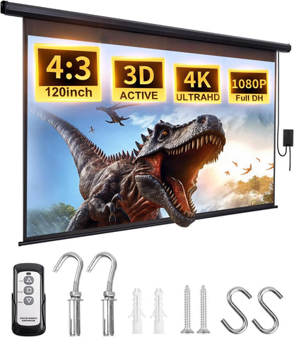 Motorized Projector Screen Pull Down 120 Inch Automatic Projector Screen with Remote Control and Ceiling Mount Hooks, Electric Projection Screen Retractable Black Movie Screen 4:3 Outdoor Indoor