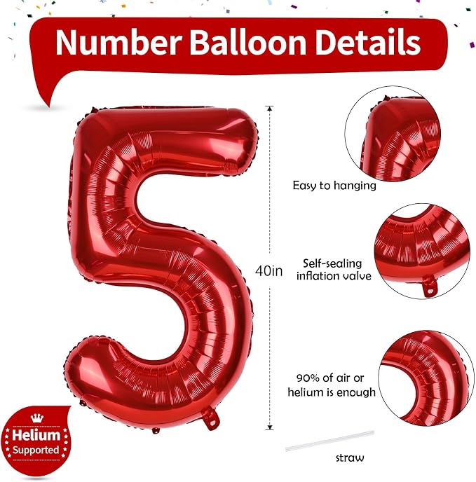 40 Inch Red Number Balloons, Giant Foil Number 5 Balloons - Image 2