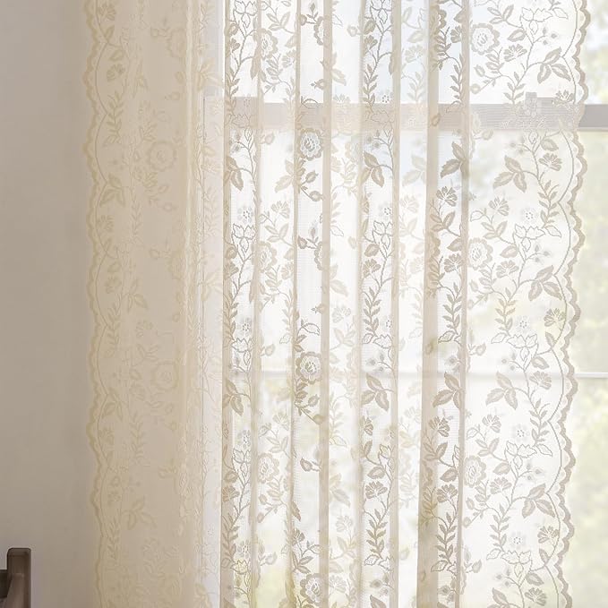 Beige Lace Curtains for Bedroom Rustic Leaf Floral 42 x 63 Inch 2 Panels | Rod - Image 6