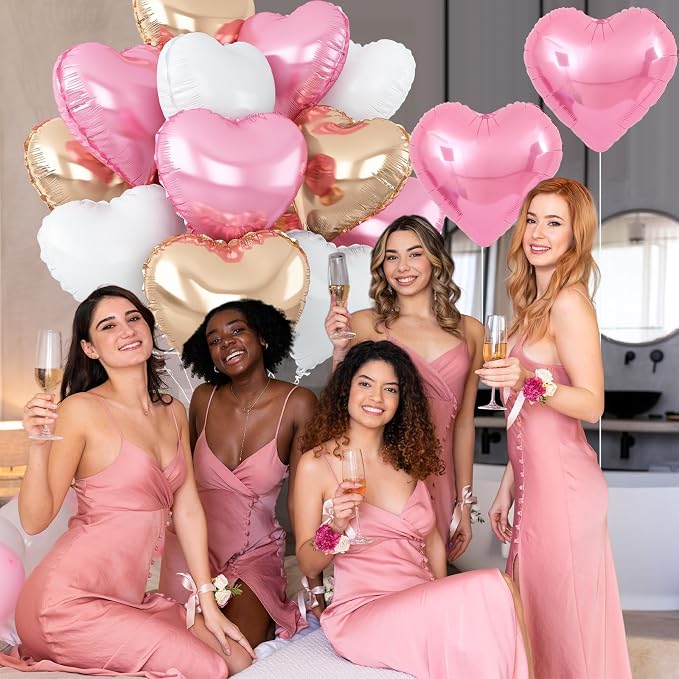 Pink White Heart Balloons, 18Inch White Rose Gold Helium Polyester Film Balloon - Image 4