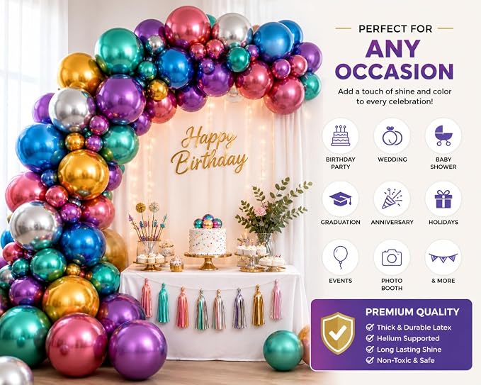 Chrome Metallic Balloons 12 Inch – 100 Pack Assorted Multicolor Latex Balloons - Image 4