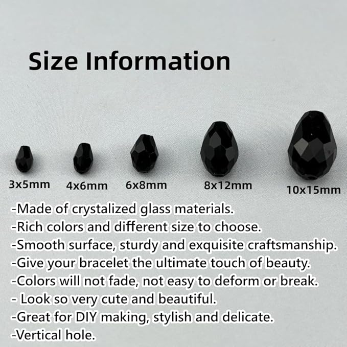 130pcs 6x8mm Teardrop Crystal Glass Beads for Jewelry Making, Faceted Vertical Hole Teardrop Glass Spacer Beads for Wind Chimes Bracelet Earring Necklace DIY Craft(Black)
