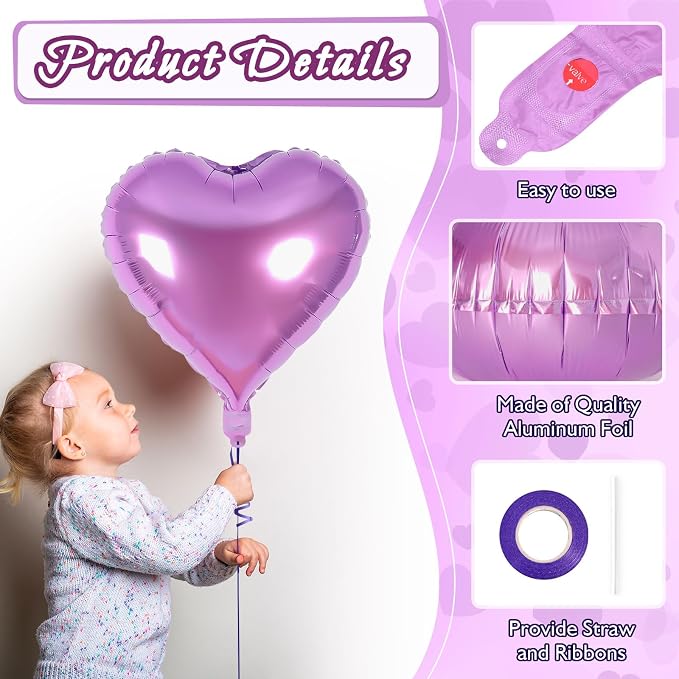 12 Pcs Light Purple Heart Balloons, 18 Inch Heart Foil Balloons Love Balloon - Image 5