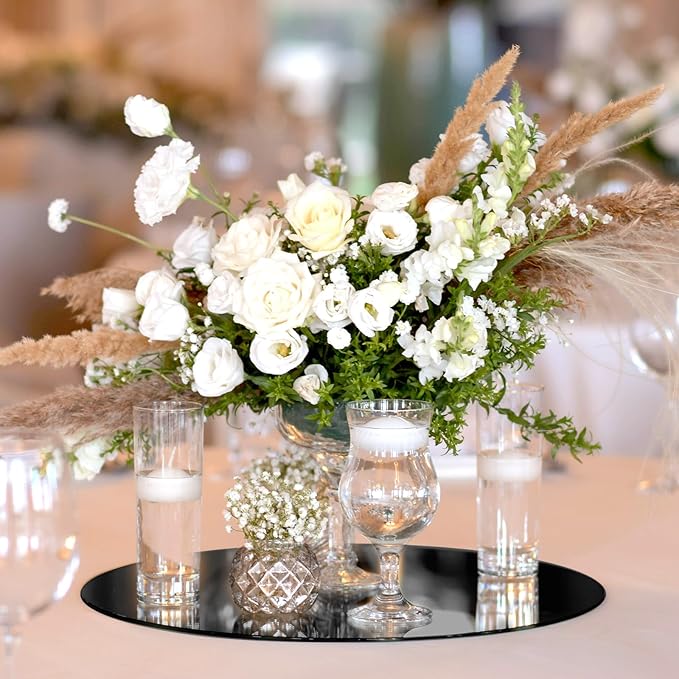 Thyle 12 Pcs 10 Inch Acrylic Round Mirrors for Tables Centerpieces Circle Mirrors Candle Plates for Wall Wedding Table Centerpieces for Baby Shower Party, Thickness 1 mm (Black)