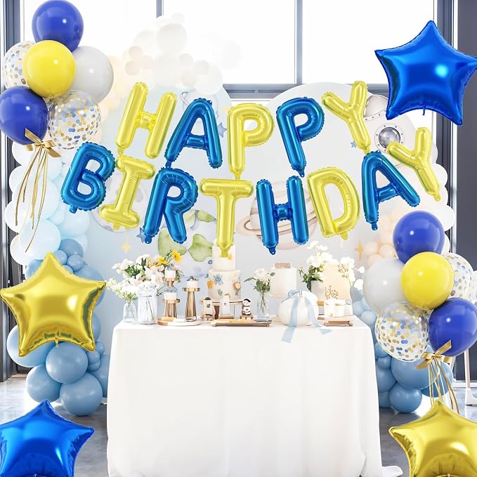 29PC Blue Yellow Happy Birthday Balloon Banner, 16 Inch 3D Aluminum Letter - Image 3