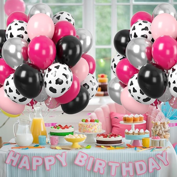 Cow Printed Balloons Pink and Black, Metallic Silver Pastel Hot Pink Black - Image 7