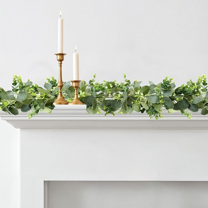 MAKHOT 2pcs Artificial Eucalyptus Garland, 5.9FT Greenery Garland Flower Spring Summer Green Garlands Vines Decoration, Fake Silver Dollar Eucalyptus Leaves Vines for Table Home Wedding Party Decor