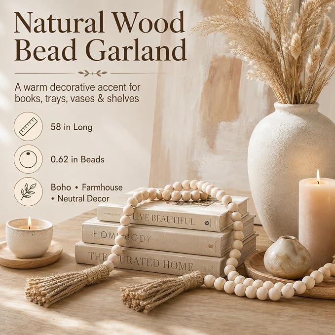 58in Wood Bead Garland Tassels, Farmhouse Tiered Tray Decor | Natural wood beads - Image 2