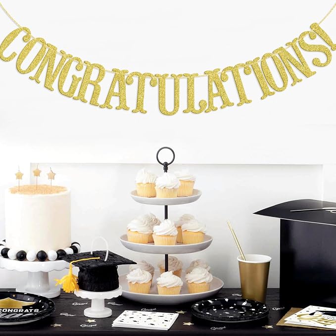 Congratulations Banner, Graduation Party Decor | Gold Glitter Congrats Sign - Image 7