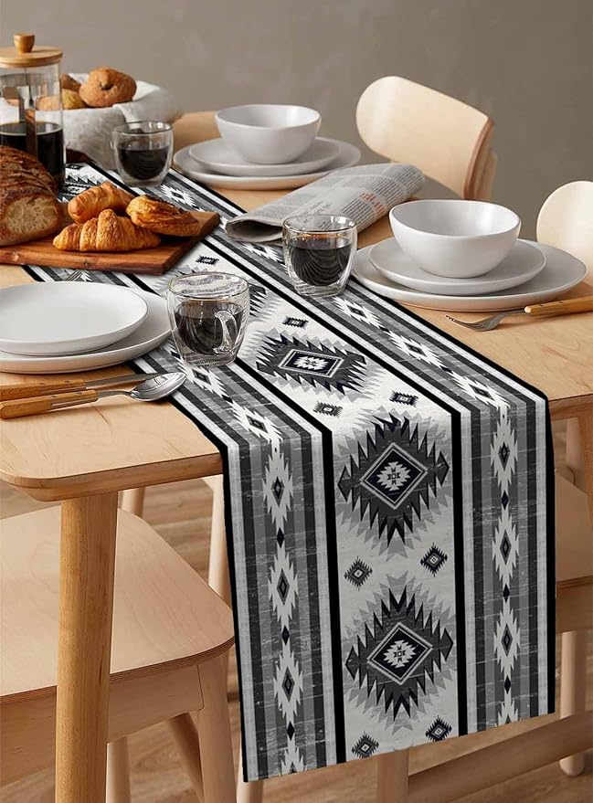 Aztec Southwest Cotton Linen Table Runner for Dining Kitchen, Wedding Outdoor Party Tablerunners Decoration, Boho Ethnic Tribes Vintage Grey Dresser Scarf Coffee Tablecloth Runners 13x72 Inches