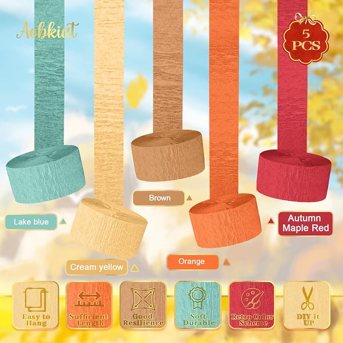 AOBKIAT Fall Colorful Streamers Party Decorations, 5 Rolls | Orange Brown - Image 4