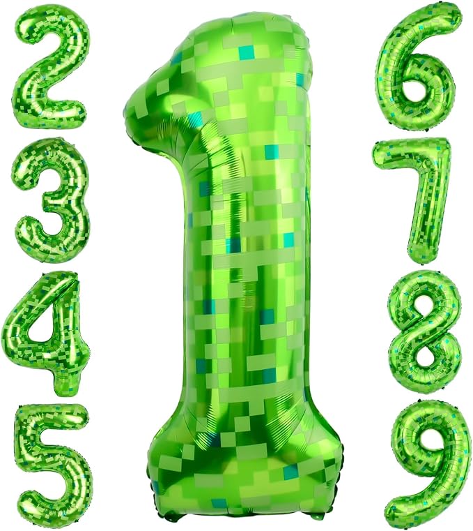 40 Inch Giant Green Pixel Miner Theme Number Balloons 40 Inch Foil Party by AXBMM