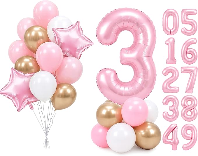 PartyWoo Number Balloons 40 Inch Pink Number 3 Kit 25pcs by PartyWoo