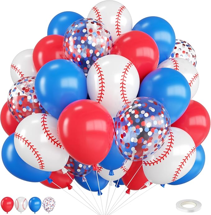 Red Blue and White Baseball Balloons, 12 Inch Printed Baseball Balloon by FEYG