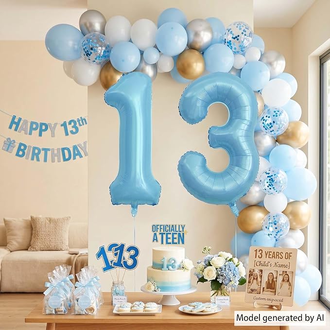 Pearlescent Blue Number 13 Balloon 40 Inch, Large Light Blue Foil 13th Birthday - Image 3
