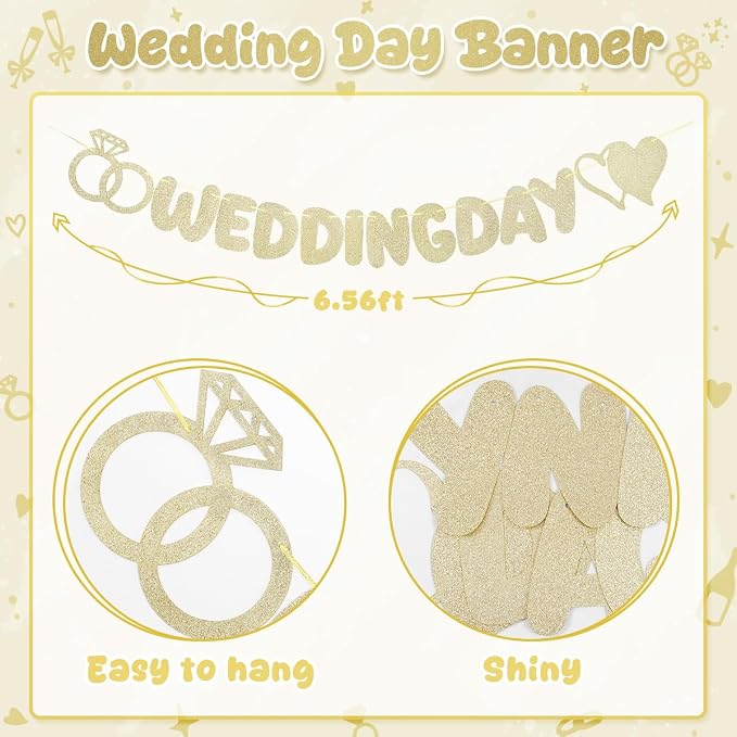 Wedding Day Banner, Champagne Gold Glitter Wedding Banner - Image 5