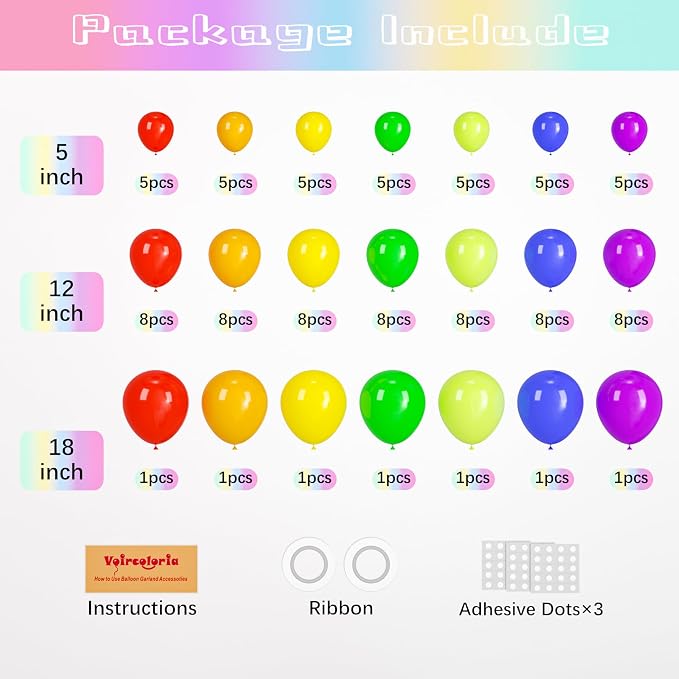 Voircoloria 98pcs Rainbow Balloons Garland Arch Kit, 18 12 10 5 Inch | - Image 2
