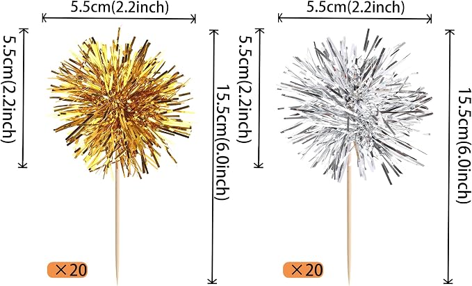 40 PCS Foil Firework Cupcake Toppers Sparkle Tinsel Cupcakae Picks Foil - Image 2