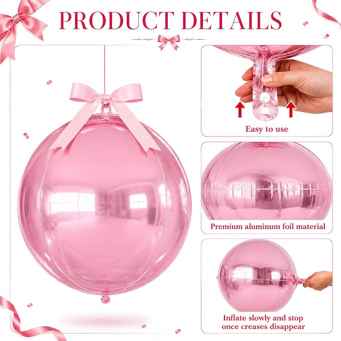Pink Round Foil Balloons with Satin Bows Ribbon - Image 3