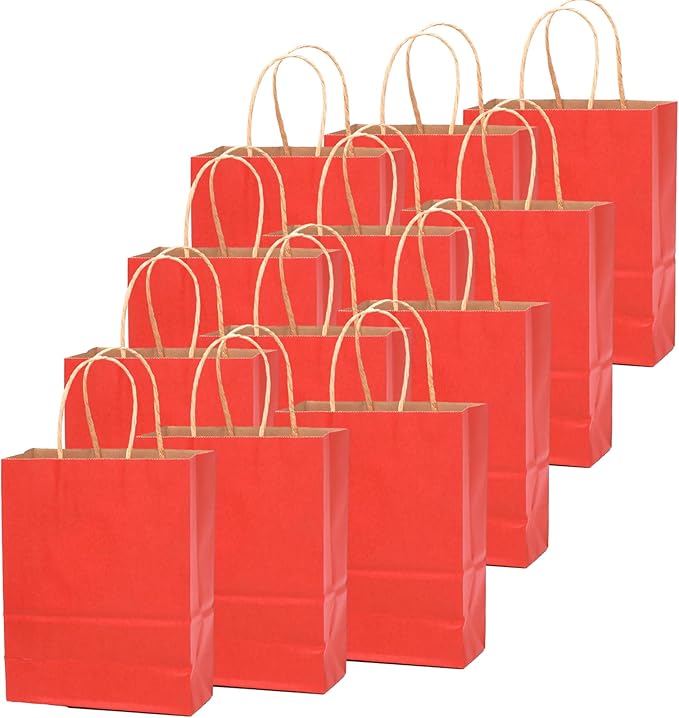 qiqee 50-Packs Gift Bag with Handles Bulk Kraft Red Paper Bags Multiple Uses (8.3"x3"x6"inch Small Size)