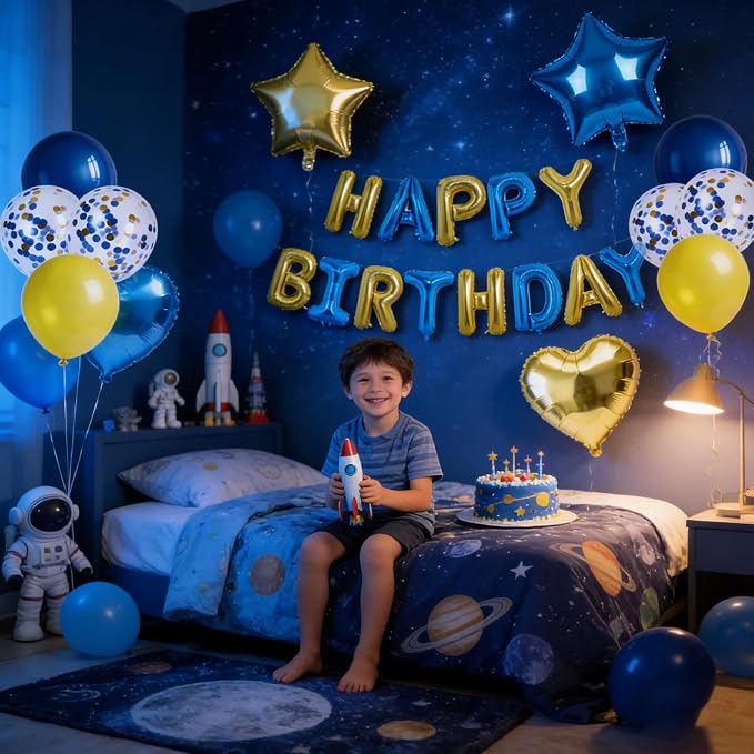 27 Pcs Gold Blue Birthday Decorations, 3D Letters Yellow Blue Happy Birthday - Image 5
