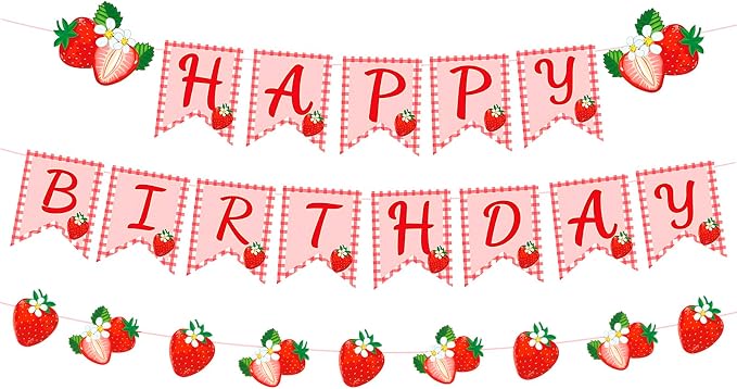 MEETINGU Strawberry Happy Birthday Banner, Sweet Red Strawberry Fruit Themed by MEETINGU