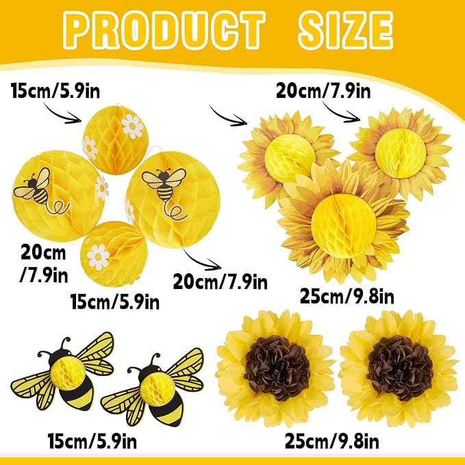 SUNBEAUTY Sunflower Party Decorations 3D Bee Honeycomb Hanging Decor Yellow - Image 2