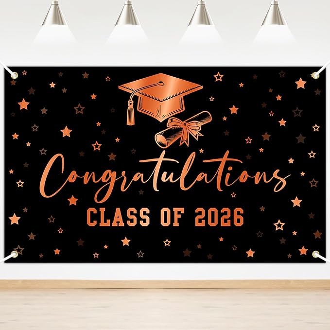 Congratulations Banner Class of 2026 Backdrop Black Orange Graduation Banner by Lecheme