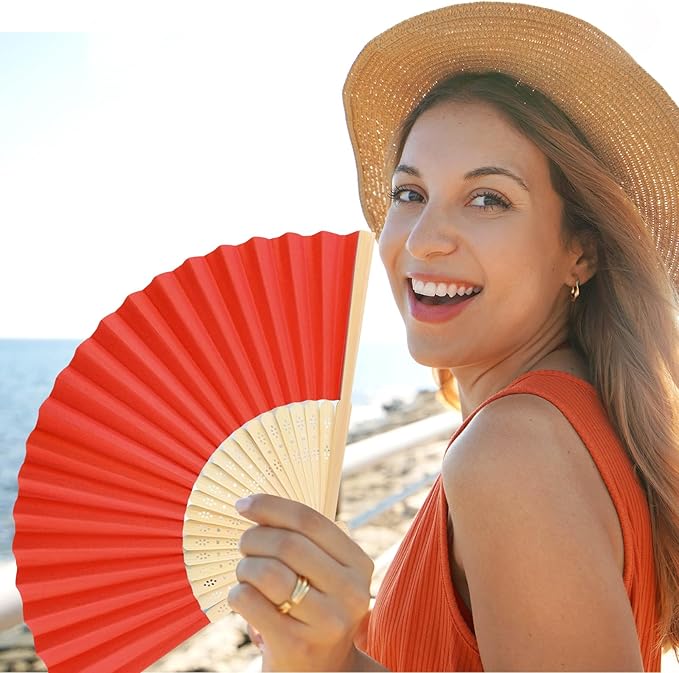 6 Pieces Red Hand Held Bamboo Folding Fans Foldable Paper Fans Handheld for Women Girls Wedding DIY Decoration Church Home Party Favors Summer