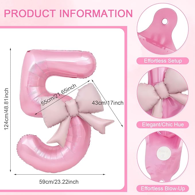Bow Pink 5 Balloons, 40 Inch Giant Pink Bow Helium Foil Number 5 - Image 2