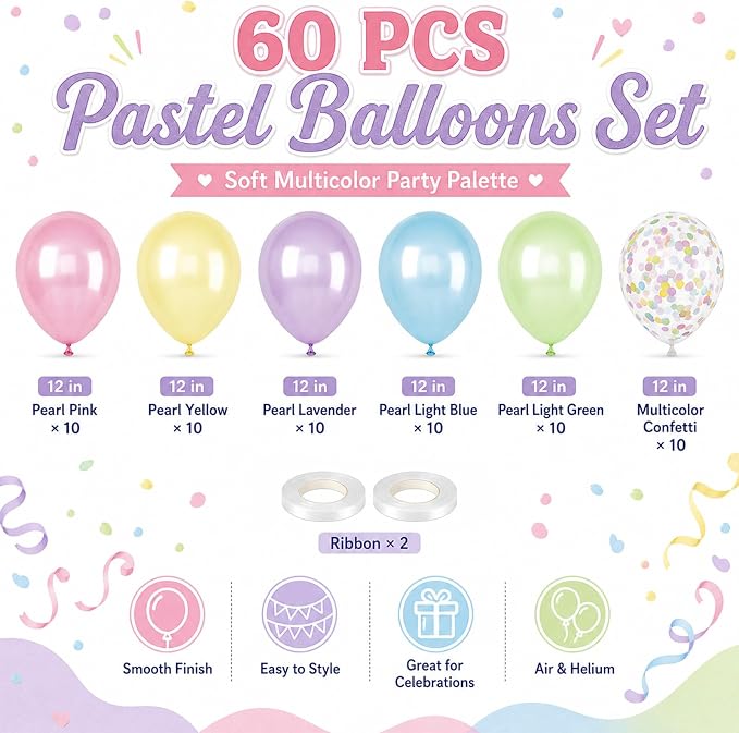 Pastel Balloons, Rainbow Candy Spring Easter Baby Shower Pastel Decorations - Image 2