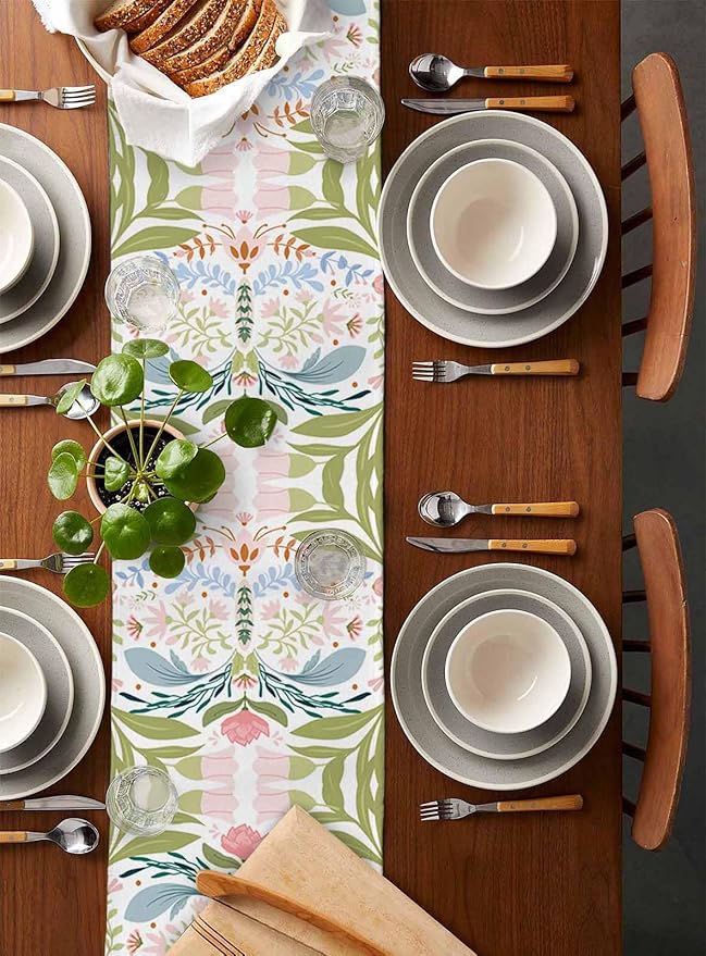 Green Blue Pink Boho Floral Cotton Linen Table Runner for Dining Kitchen, Wedding Outdoor Party Tablerunners Decoration, Retro Bohemian Botanical Dresser Scarf Coffee Tablecloth Runners 13x90 Inches
