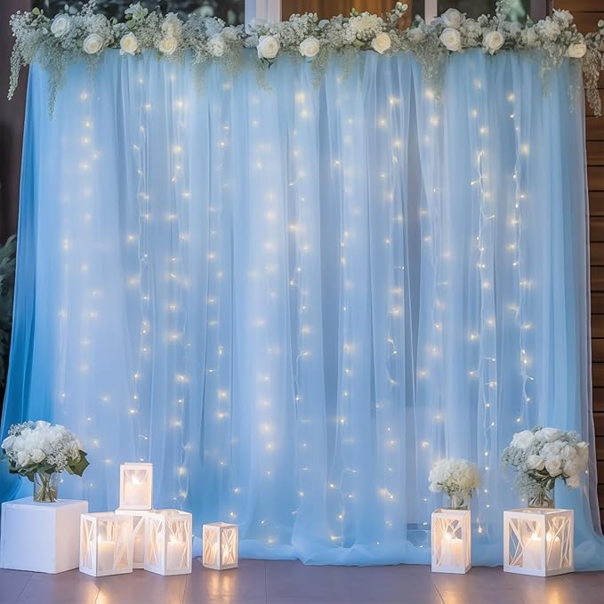 10×10ft Blue Tulle Backdrop Curtain with Lights String for Parties, Sheer Photo Curtain Backdrop Drapes for Wedding Party Photography Backgrounds