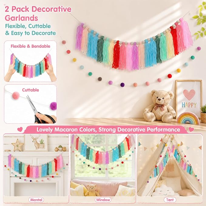 2pcs Boho Tassel Garland Back to School Colorful Pom Pom Tassel | soft pom pom - Image 6