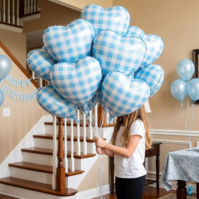 Blue Checkered Heart Balloons, 18 Inch Pastel Blue and White Gingham Heart - Image 3