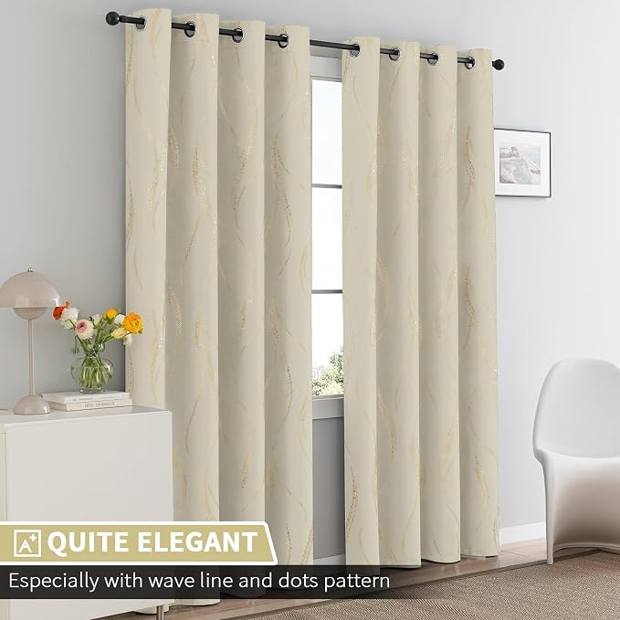 Yakamok Cream Light Blocking Curtains 90 Inches Long Gold Print Wide 52" | Gold - Image 2