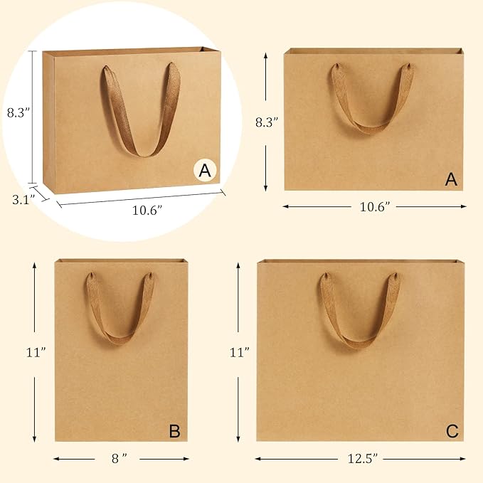 BagDream Paper Bags 10.6x3.1x8.3 25Pcs Gift Bags Heavy Duty Kraft Brown Gift Paper Bags with Handles Soft Cloth, Party Favor Bags, Shopping Bags, Retail Merchandise Bags, Wedding Party Gift Bags