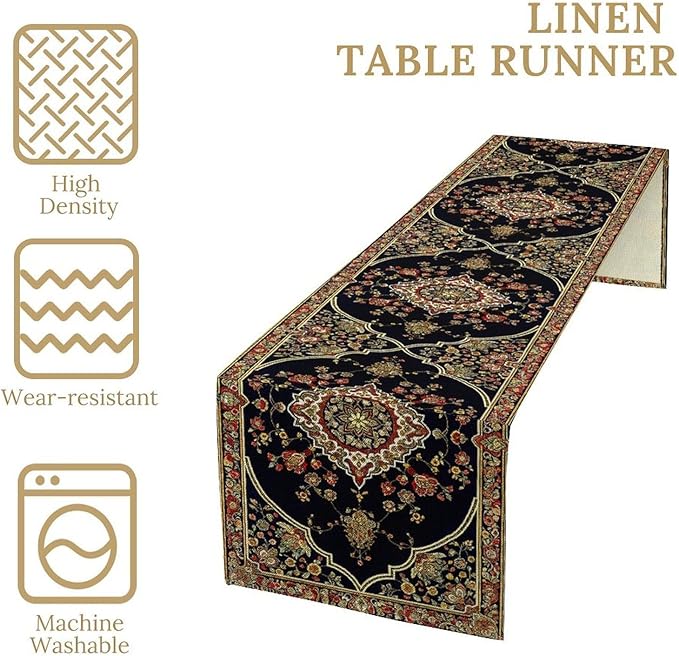 Vintage Boho Floral Table Runner, Rustic Country Farmhouse Black Bohemia Flower Pattern for Home Kitchen Table Decor Dining Cafe Room Wedding Party Decor 13x120in