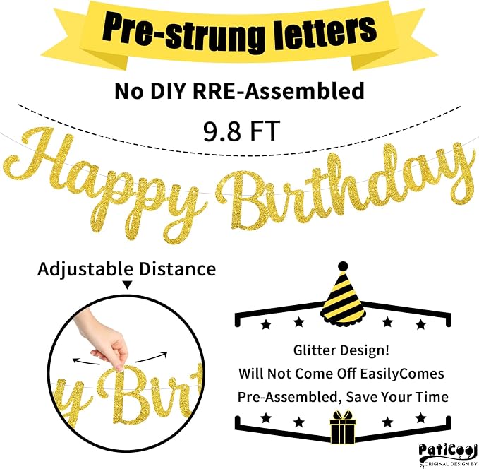 Gold Happy Birthday Banner, Pre-Strung Glitter Gold Birthday Sign, 10 Feet - Image 2