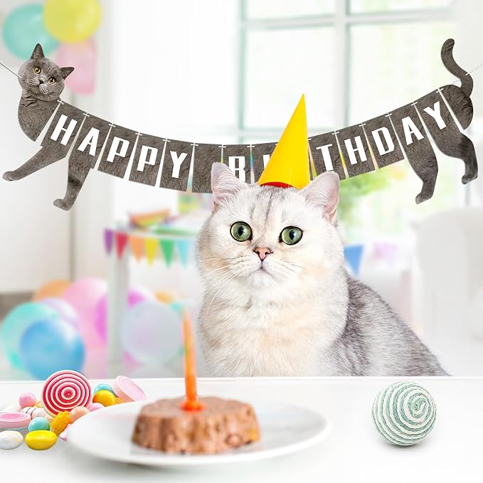 Cat Happy Birthday Banner Grey Cats Theme Party Decorations Cat Banner Bunting - Image 2
