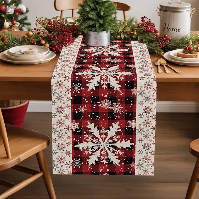 Buffalo Plaid Christmas Cotton Linen Table Runner for Dining Kitchen, Snowflake Red Black Check Wedding Outdoor Party Tablerunner Decoration,Retro Dresser Scarf Coffee Tablecloth Runners 13x108 Inches