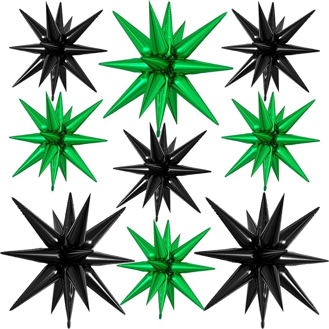 9Pcs Green and Black Star Balloons, Large Explosion Foil Balloons, Metallic by Dagelar