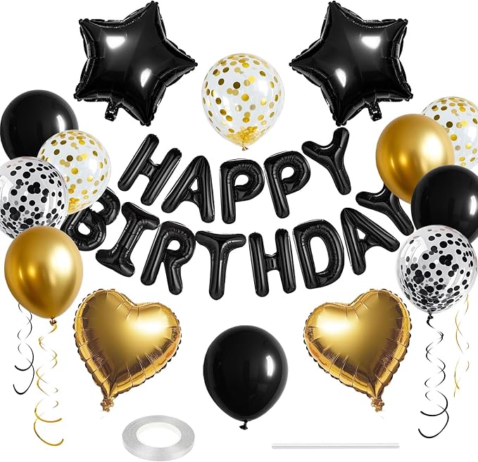 27 Pcs Black Gold Birthday Decorations, 3D Letters Black Happy Birthday Balloon by WEIKA
