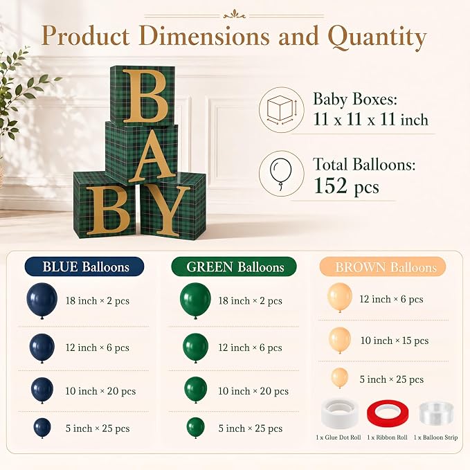 156 Pcs Green Blue Tartan Plaids Bear Baby Shower Decorations | Luxury - Image 2