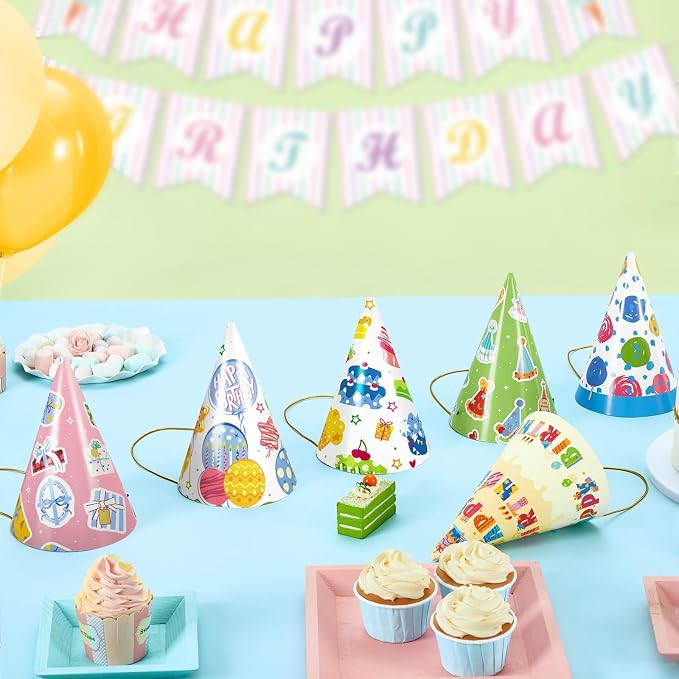 WERNNSAI 12 Pcs Birthday Party Hats Assorted Themes Cone Paper Headbands | - Image 7