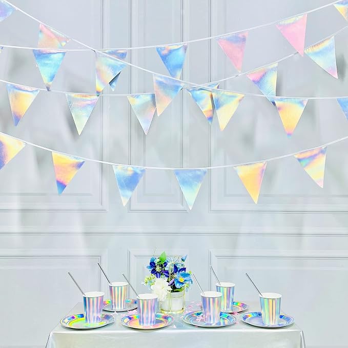 33Ft Iridescent Party Decoration Holographic Fabric Triangle Pennant Banner by pinkblume