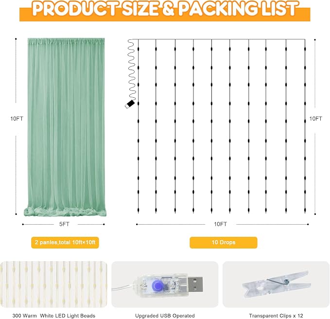 Tulle Backdrop Curtain with Lights Green Sheer Curtains Backdrop 10x10ft | - Image 2