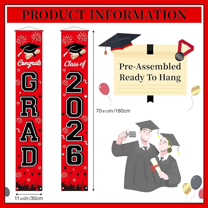 Graduation Decorations 2026 Porch Banner, Congrats Grad Class of 2026 Banner Red - Image 2