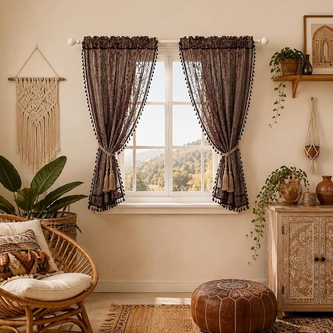 WAZZIO Boho Lace Curtains 2 Panels 63 Inch -Victorian Sheer Panel Drape French - Image 2