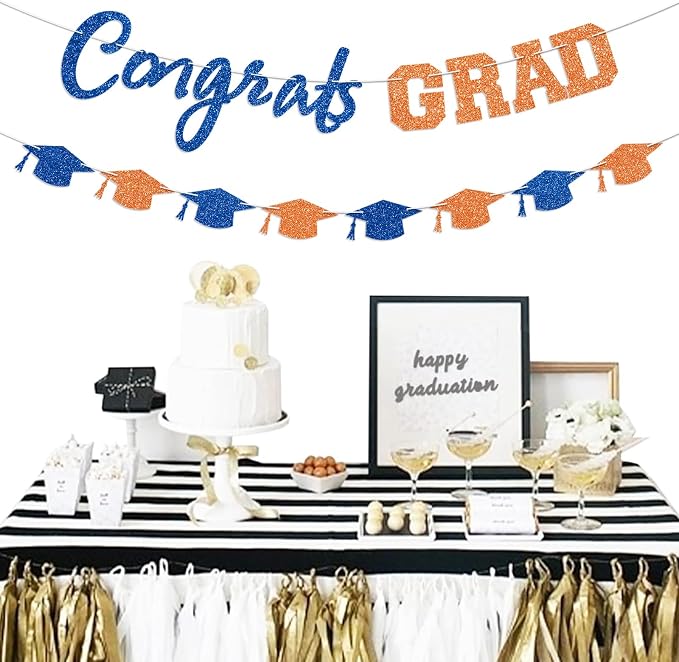 Prestrung Congrats Grad Banner Orange and Blue Graduation Banner - Image 5